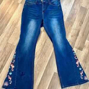 BAMBOO Blue Flared Jeans with Floral Embroidery